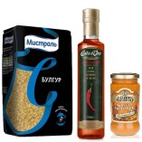 Оливковое масло, пшеничная крупа и соус песто